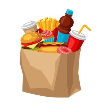 Illustration with fast food meal. Tasty fastfood lunch products. Background for menu or advertising.. Illustration with fast food meal. Tasty fastfood lunch products.