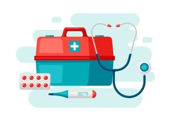 First aid kit equipment background. Medical instruments for emergency assistance.. First aid kit equipment background.