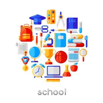 School background with education icons and symbols. Illustration in trendy flat style.. School background with education icons and symbols.