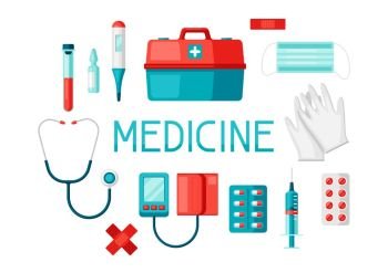 First aid kit equipment background. Medical instruments for emergency assistance.. First aid kit equipment background.
