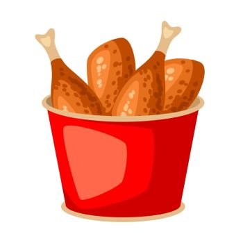 Fried chicken in red bucket. Fast food snack. Icon or illustration of roast legs.. Fried chicken in red bucket. Fast food snack.