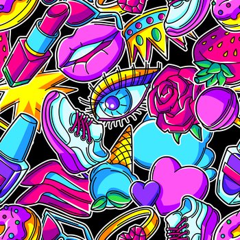 Seamless pattern with fashion girlish patches. Colorful cute teenage background. Creative girls symbols in modern style.. Seamless pattern with fashion girlish patches. Colorful cute teenage background.