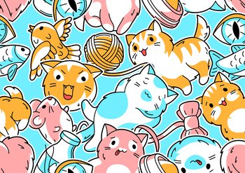 Seamless pattern with cute kawaii cats. Fun animal background. Cartoon stylized items.. Seamless pattern with cute kawaii cats. Fun animal background.