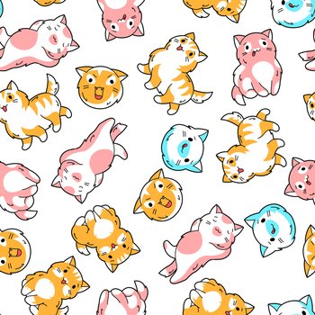 Seamless pattern with cute kawaii cats. Fun animal background. Cartoon stylized characters.. Seamless pattern with cute kawaii cats. Fun animal background.