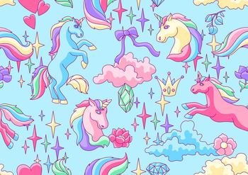 Seamless pattern with unicorns and fantasy items. Fairytale cartoon children illustration.. Seamless pattern with unicorns and fantasy items.
