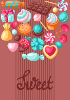 Background with colorful various candies and sweets. Confectionery or bakery stylized illustration.. Background with various candies and sweets. Confectionery or bakery stylized illustration.