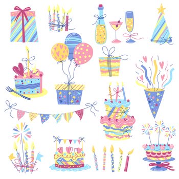 Happy Birthday icon set. Celebration or holiday items. Party objects.. Happy Birthday icon set. Celebration or holiday items.