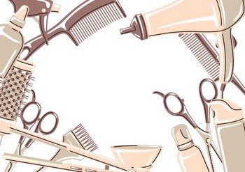 Barbershop frame with professional hairdressing tools. Haircutting salon illustration.. Barbershop frame with professional hairdressing tools. Haircutting illustration.
