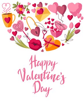 Happy Valentine Day greeting card. Holiday background with romantic items and love symbols.. Happy Valentine Day greeting card. Holiday background with romantic and love symbols.