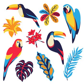 Set of macaw parrot, toucan and tropical plants. Exotic decorative birds, flowers anf leaves. Stylized image for design.. Set of macaw parrot, toucan and tropical plants. Exotic decorative birds, flowers anf leaves.