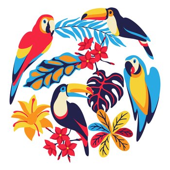 Card with macaw parrot, toucan and tropical plants. Exotic decorative birds, flowers anf leaves. Stylized background for design.. Card with macaw parrot, toucan and tropical plants. Exotic decorative birds, flowers anf leaves.