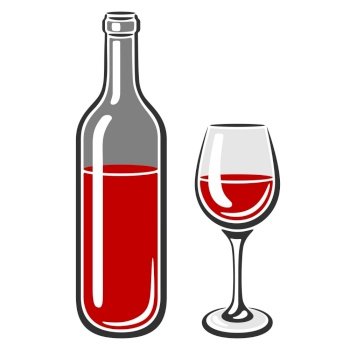 Illustration of bottle and glass with red wine. Image for restaurants and bars. Business and industrial item.. Illustration of bottle and glass with red wine. Image for restaurants and bars.