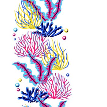 Seamless pattern with sea algae and corals. Marine life aquarium and sea flora. Stylized image in bright colors.. Seamless pattern with sea algae and corals. Marine life aquarium and sea flora.