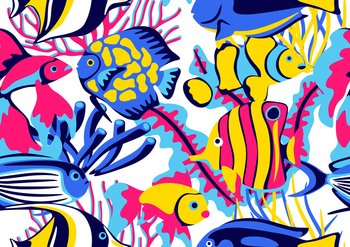 Seamless pattern with tropical fishes. Marine life aquarium and sea animals. Stylized image in bright colors.. Seamless pattern with tropical fishes. Marine life aquarium and sea animals.