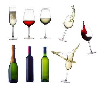 High glass with still white wine, sparkling wine and red and rose wine isolated on white background. Glass of red wine
