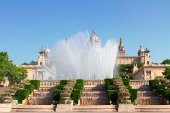 Square of Spain -  National museum of  Barcelona with beautiful fountain, Spain. Square of Spain, Barcelona