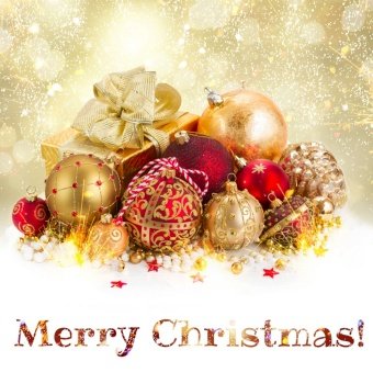 red and golden christmas balls decorations on snow with shing bokeh background and merry christmas greeting. golden christmas decorations