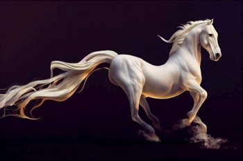 White horse galloping over dark background, isolated on black. White horse galloping