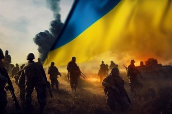 Ukranian russian war, soldiers on batterfield with ukranian flag colors in background. Ukranian russian war