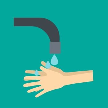 Hands under falling water out of tap. Man washes hands, hygiene, water preservation. Vector illustration in flat style