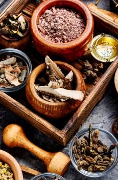 Healing herbs, plants and medicinal roots.Herbal naturopathic medicine. Healing medical herbs