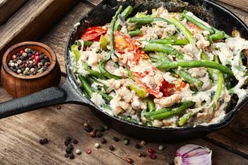 Protein scrambled eggs with asparagus beans. Fried eggs with vegetables.Healthy food. Dietary scrambled eggs from proteins