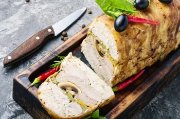 Terrine with bacon and turkey meat.French food. Turkey meat terrine