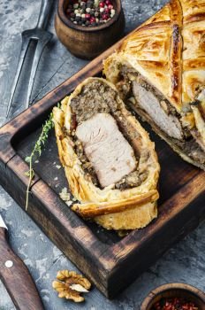 Homemade beef Wellington.Meat, baked in puff pastry. Homemade beef Wellington