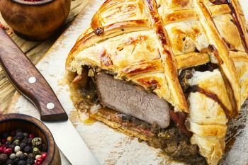 Homemade beef Wellington.Meat, baked in puff pastry. Homemade beef Wellington
