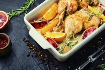 Delicious roasted meat with citrus fruits. Baked chicken legs in a baking dish.Grilled chicken. Roasted chicken legs with oranges