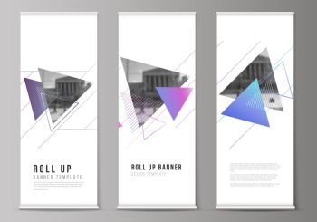 The vector illustration of the editable layout of roll up banner stands, vertical flyers, flags design business templates. Colorful polygonal background with triangles with modern memphis pattern. The vector illustration of the editable layout of roll up banner stands, vertical flyers, flags design business templates. Colorful polygonal background with triangles with modern memphis pattern.