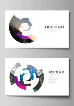 The minimalistic abstract vector illustration of editable layout of two creative business cards design templates. Futuristic design circular pattern, circle elements forming geometric frame for photo.. The minimalistic abstract vector illustration of editable layout of two creative business cards design templates. Futuristic design circular pattern, circle elements forming geometric frame for photo