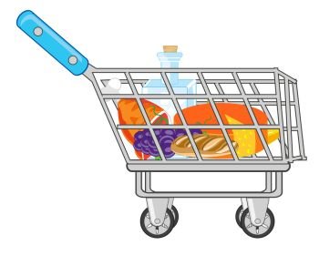 Vector illustration of the pushcart from shop pervaded product feeding. Shop pushcart with product on white background