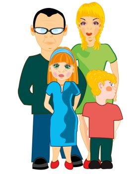 Household portrait children with parent on white background is insulated. Friendly family with two children together.Vector illustration