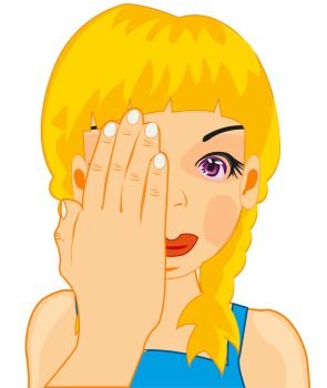Making look younger girl has closed one eye by palm. Vector illustration of the girl closed one eye by palm
