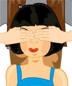 Standing behind man has closed girl of the eye palm. Vector illustration of the girl with closed palm eye