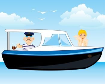 Vector illustration of the cartoon of the sailboat with captain and reposing girl seaborne. Promenade sailboat with reposing on board in ocean