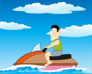 Persons to carry on wave on ocean on transport jetski. Man rides on jetski on wave year daytime