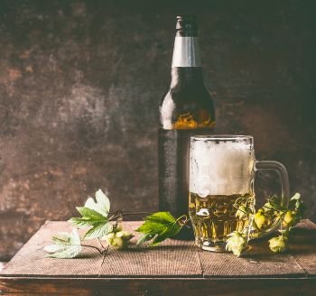 Mug of beer with foam and cold bottle of beer with dew drops and hops vines on a rustic table opposite a dark wall background, front view