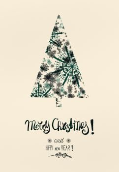 Christmas card with snowflakes Christmas tree in dark green color with text lettering: Merry Christmas and Happy New Year