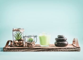 SPA, calmness and releasing stress concept background with green candles, Zen stones and succulent plants on tray at pastel blue background . Healthy lifestyle and wellness concept