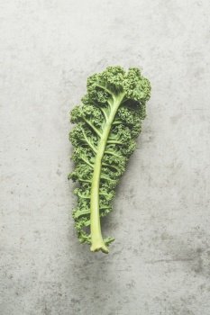 Green raw kale leaf at grey concrete kitchen table. Healthy seasonal winter vegetable. Top view. Cooking preparation with green cabbage. Top view.