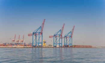 Odessa, Ukraine - 08.28.2018. Panoramic view from the sea of cargo port and container terminal in Odessa, Ukraine. Container Terminal of Cargo Port in Odessa, Ukraine