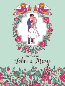 Happy weddings. Wedding card. Wedding invitation. Bride and groom in wedding costumes. Two angels hold wedding crowns over the heads of the bride and groom. Wreaths and roses. Cute vector illustration.
