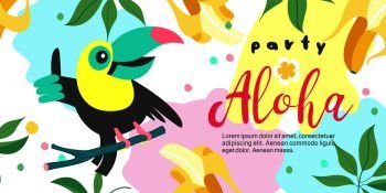 A tropical Paradise party. Colorful vector illustration, invitation to a party. Illustration in tropical style. Aloha. Cute cheerful Toucan invites you to a tropical party.