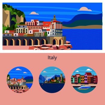 Amalfi. Seaside town in Italy. Round icons of lake Garda, Venice, Amalfi. Vector illustration with space for text. Template design of tourist booklet.