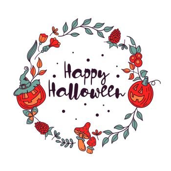 Happy Halloween. Vector illustration, invitation. Beautiful postcard with a wreath of orange pumpkins, mushrooms, flowers, leaves, branches.