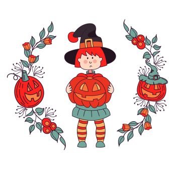 Happy Halloween. Vector illustration, invitation. A girl in a witch costume with and a pumpkin in her hand. The postcard is framed by wreaths of flowers, branches and orange pumpkins.
