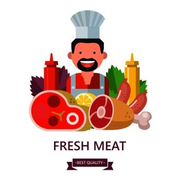 Fresh meat. Vector illustration. Environmentally friendly product. Agricultural products. Set of different meat products and butcher.