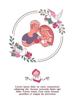 The invitation to the engagement party. Charming vector illustration. Loving couple. They show how much they love each other. Beautiful flower wreath of roses. White dove. Romantic card.